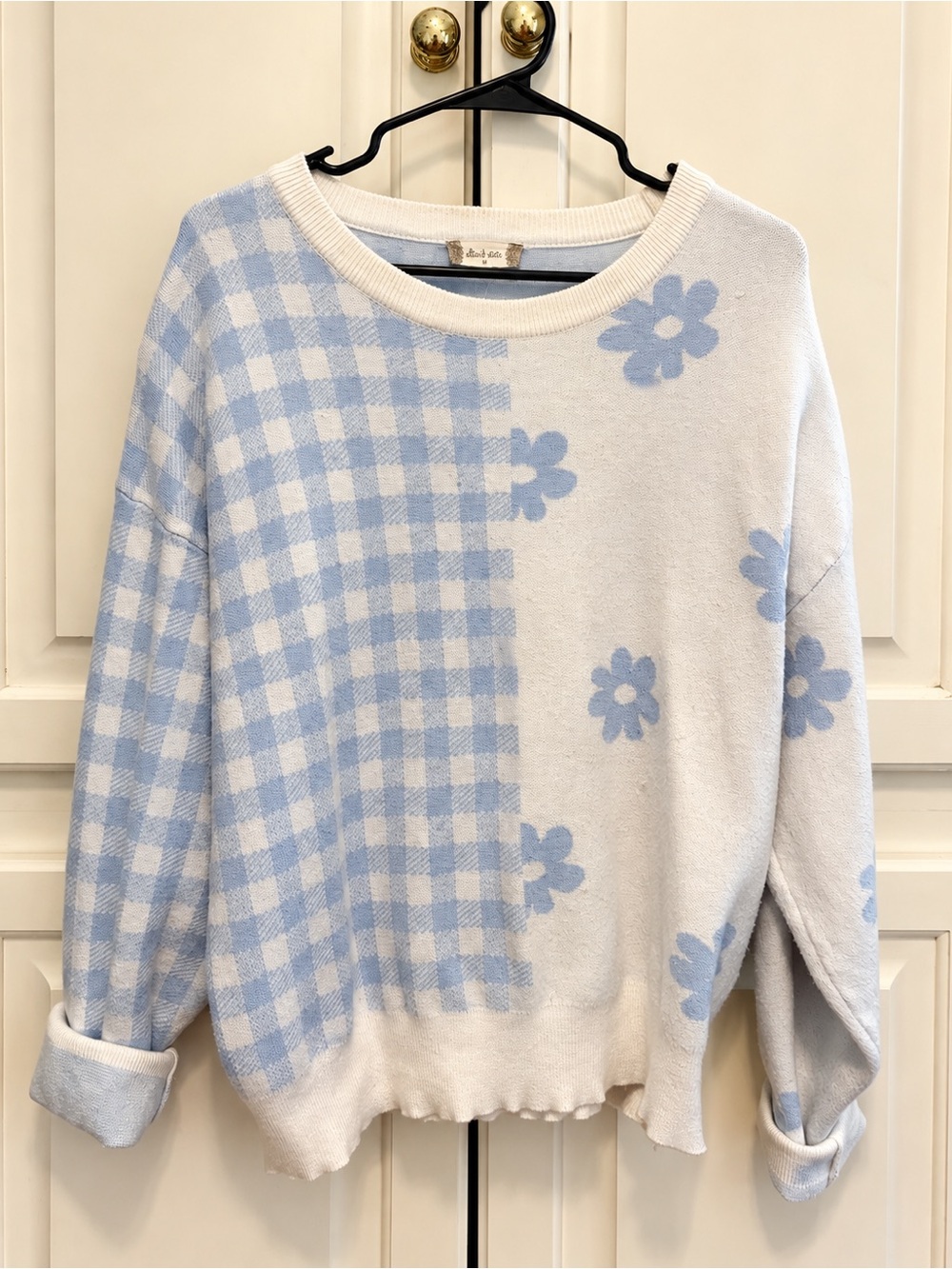 Altar'd State Light Blue and White Floral Gingham Crewneck Sweater - Picture 2 of 5